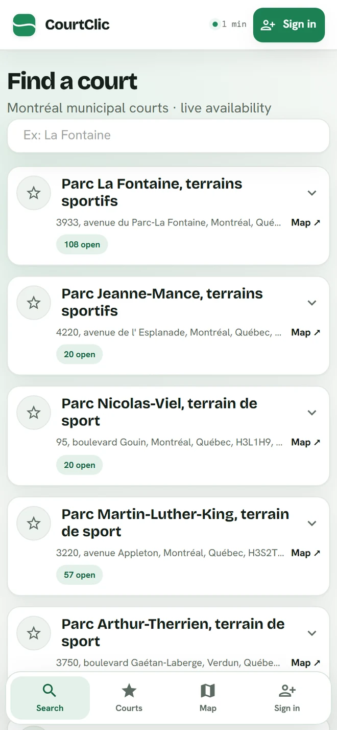 CourtClic on a phone: the park list with each park's count of open slots.