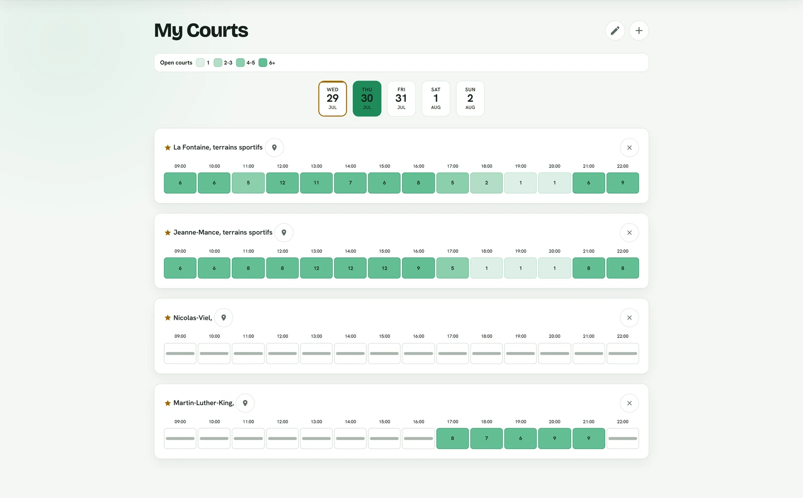 The My Courts view compares saved parks hour by hour, with date and time controls designed for a phone.
