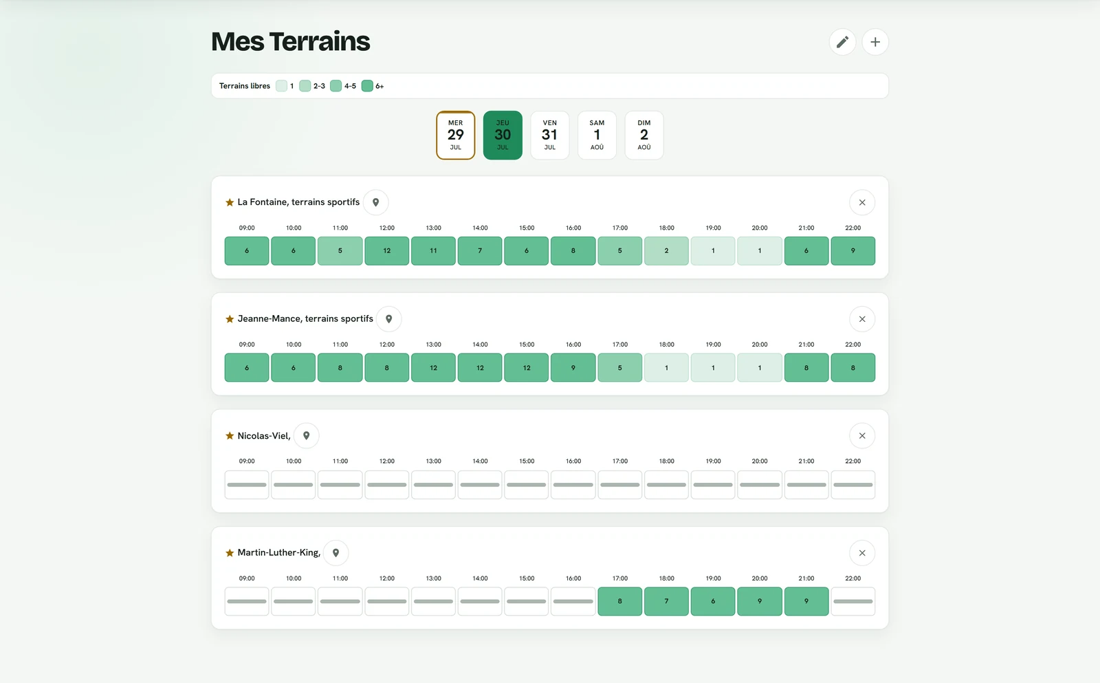 La vue Mes terrains compare les parcs favoris heure par heure, avec des contrôles de date et d'heure conçus pour le téléphone.